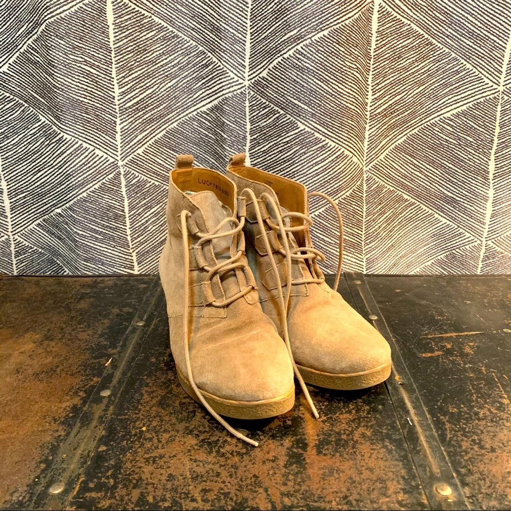 Lucky Brand Suede Tan Wedge Bootie Size 8